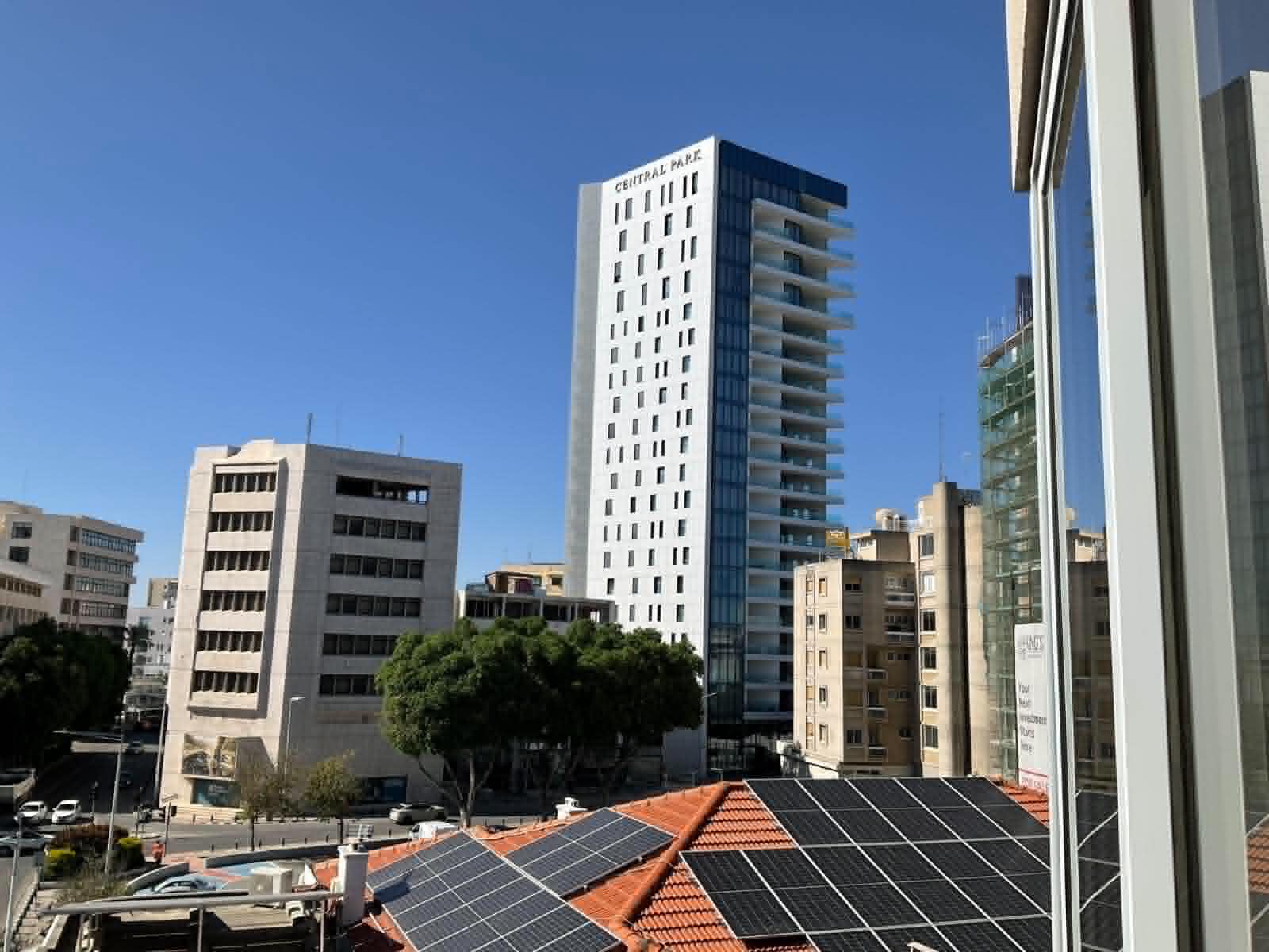 View of Central Park tower from the Vintage Suite balcony in central Nicosia