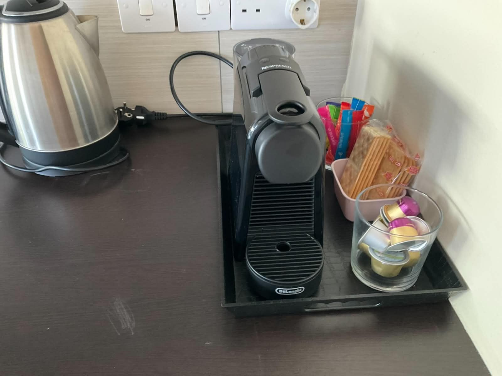 Nespresso Mini coffee station with capsules and biscuits at the Vintage Suite in central Nicosia