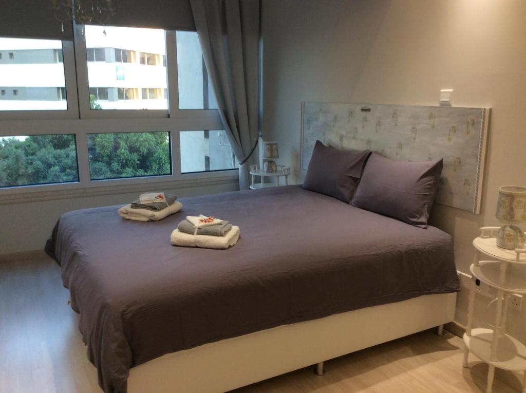Armonia Suite king bed with fresh towels by the bright window in central Nicosia apartment