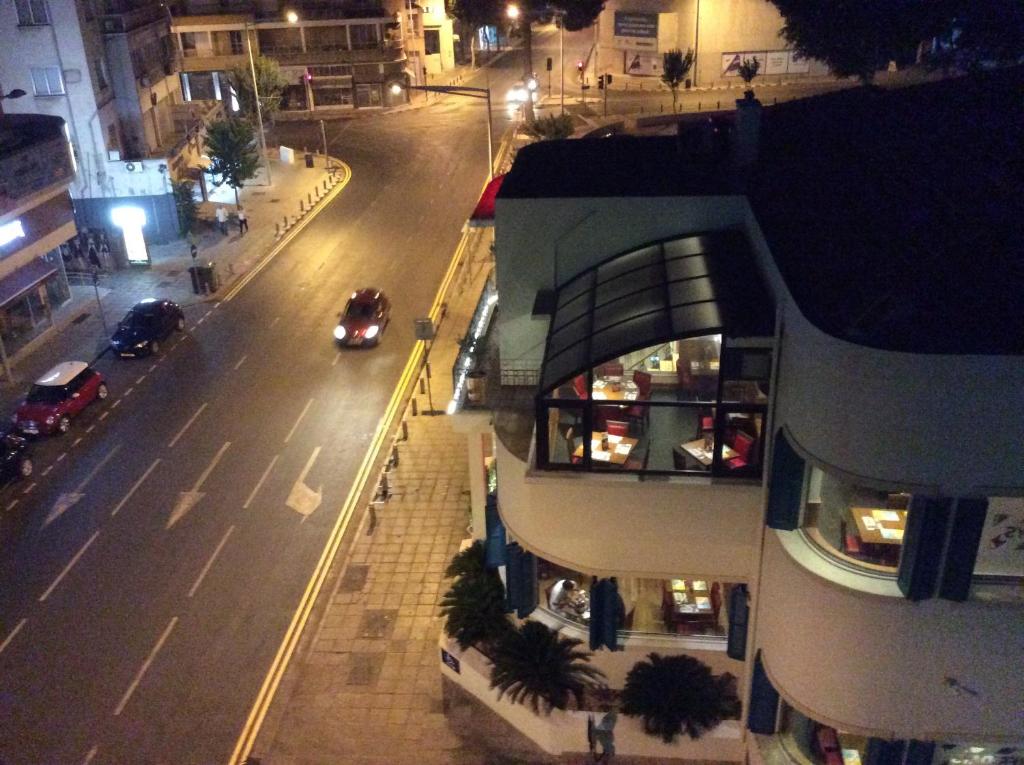 Night street view from the Armonia Suite balcony over central Nicosia Cyprus